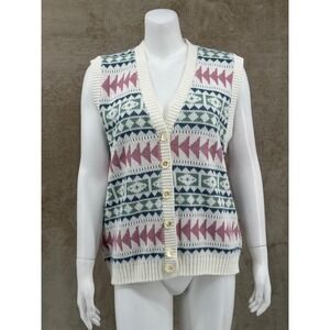 Vintage Season Ticket Sweater Vest‎ Womens Large Cream Cottage Grandma Knit USA